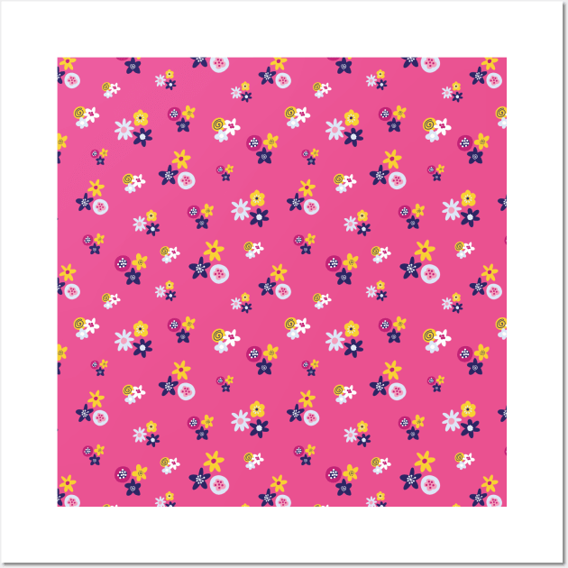 Yellow Purple White Flowers On Pink Wall Art by Sandra Hutter Designs